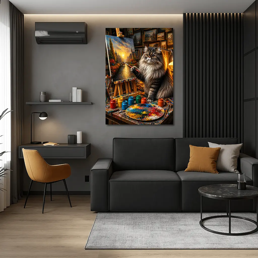 Persian Cat Artist Painting in Studio – Wall Art