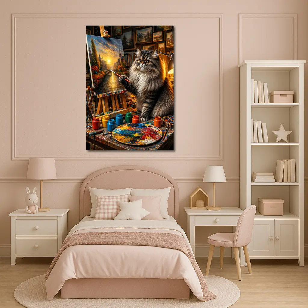 Persian Cat Artist Painting in Studio – Wall Art