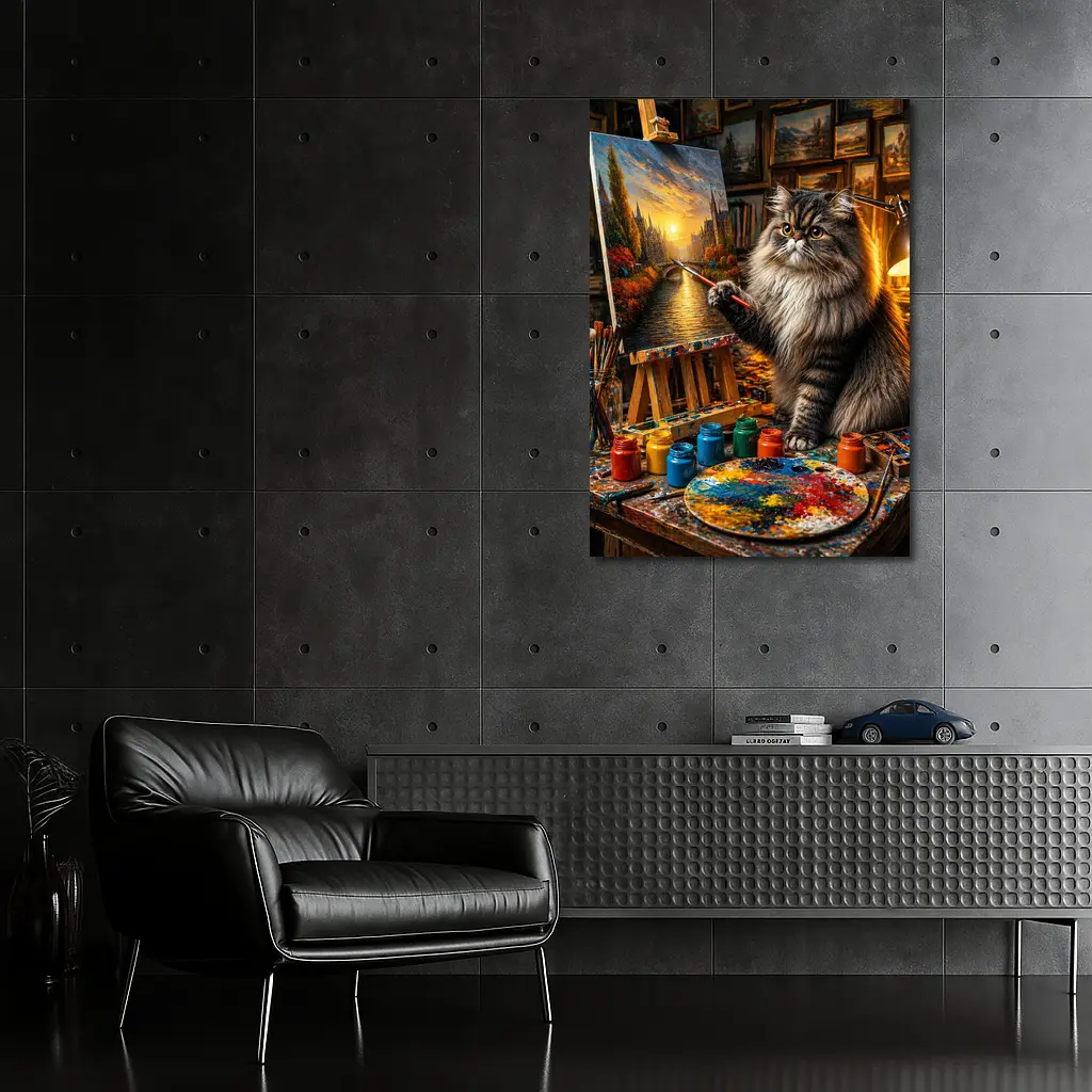 Persian Cat Artist Painting in Studio – Wall Art
