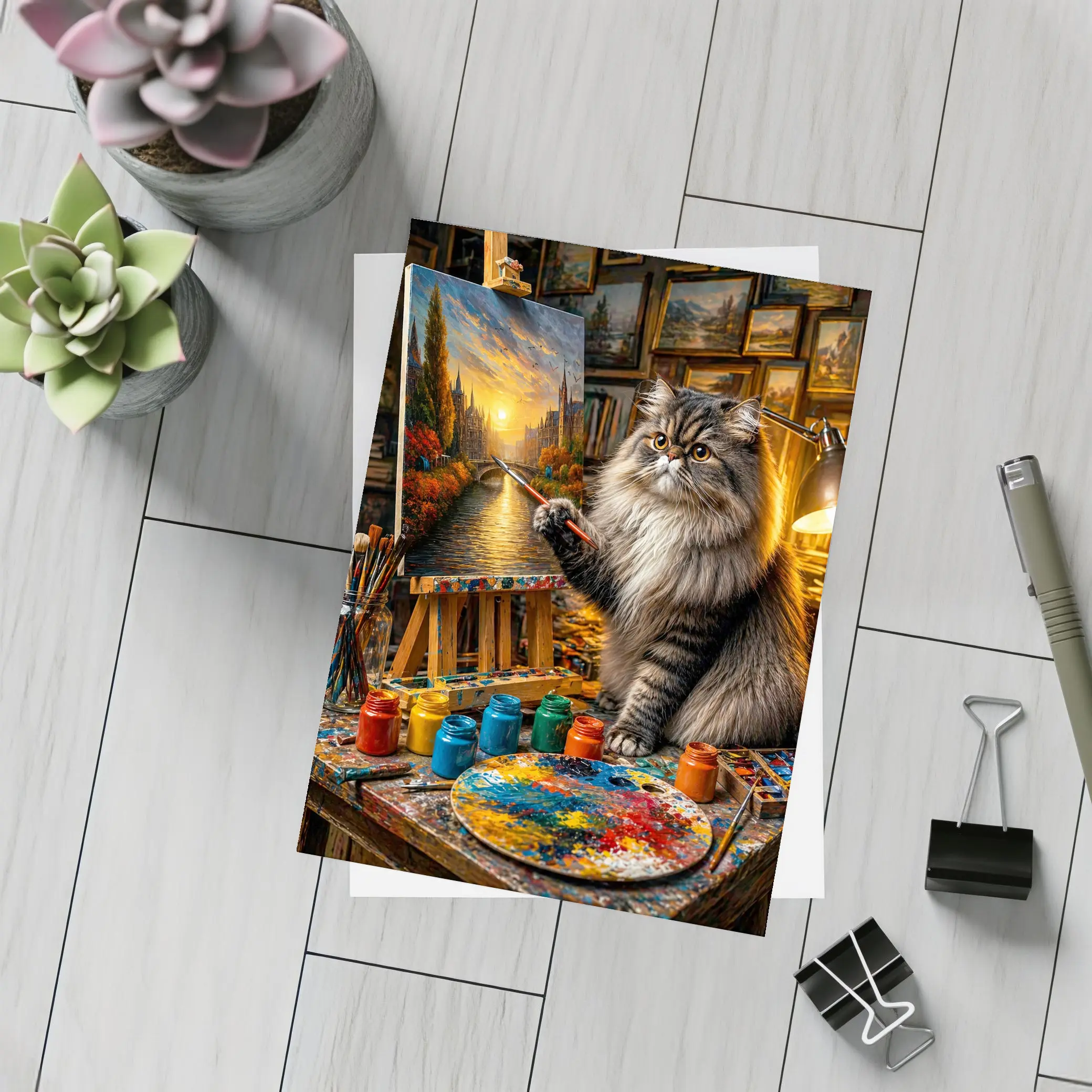 Persian Cat Artist Painting in Studio – Postcards