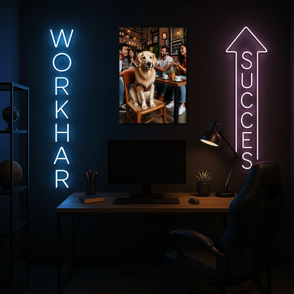 Golden Retriever Sitting in Cozy Coffee Shop – Wall Art