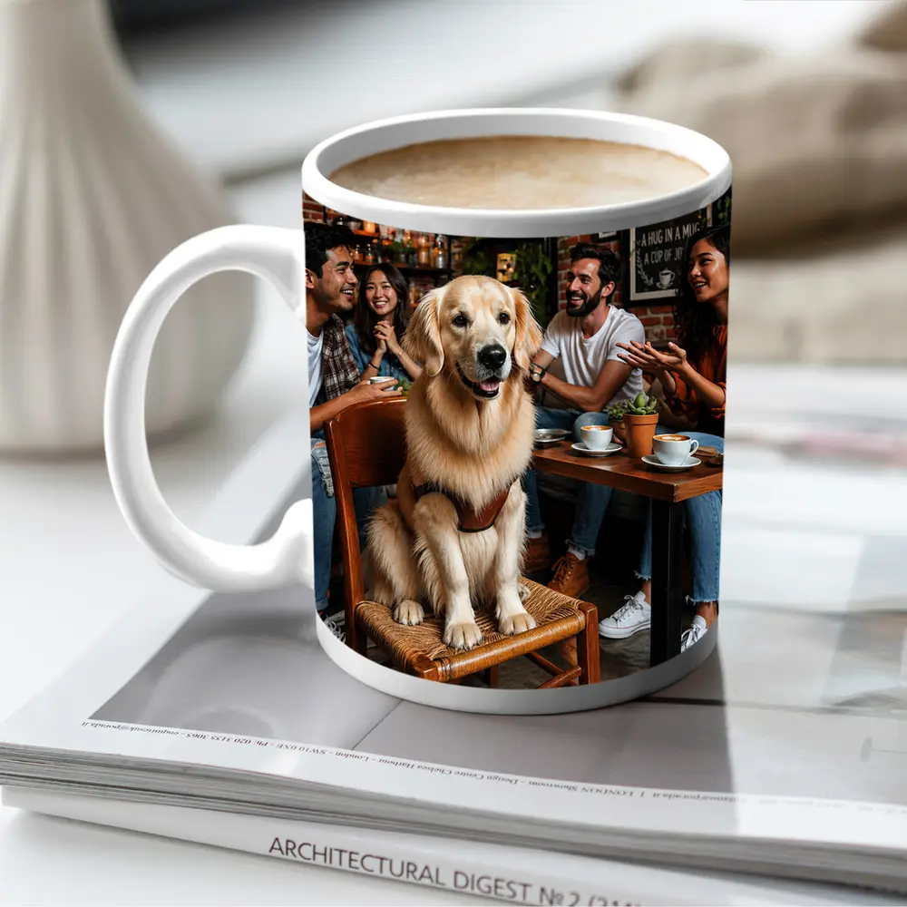 Golden Retriever Sitting in Cozy Coffee Shop – Mugs