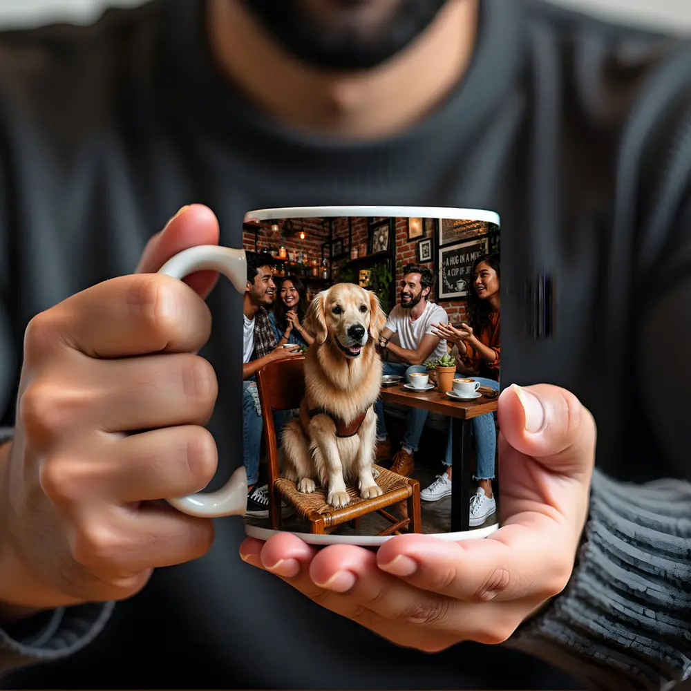 Golden Retriever Sitting in Cozy Coffee Shop – Mugs