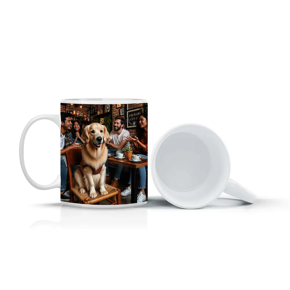 Golden Retriever Sitting in Cozy Coffee Shop – Mugs