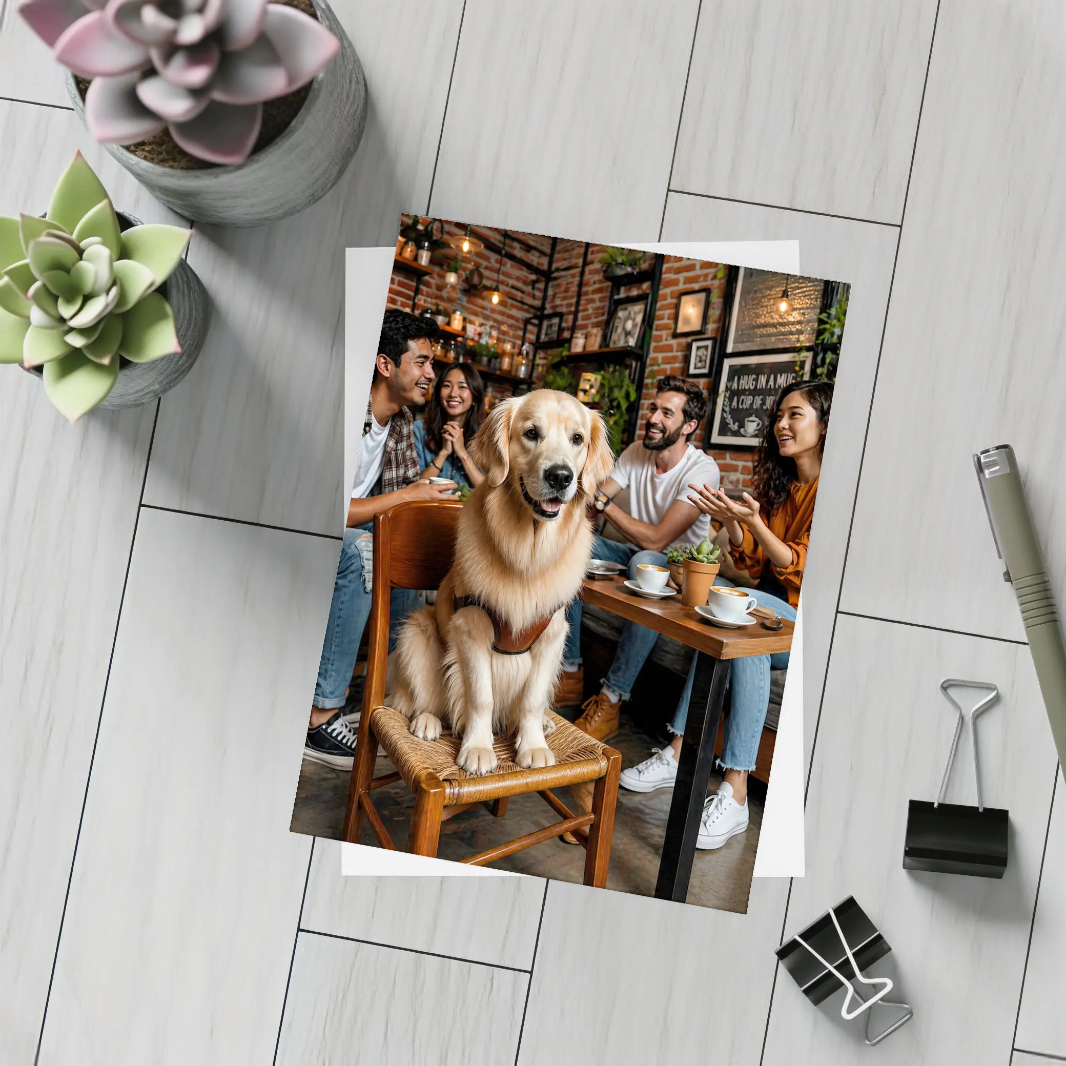Golden Retriever Sitting in Cozy Coffee Shop – Postcards