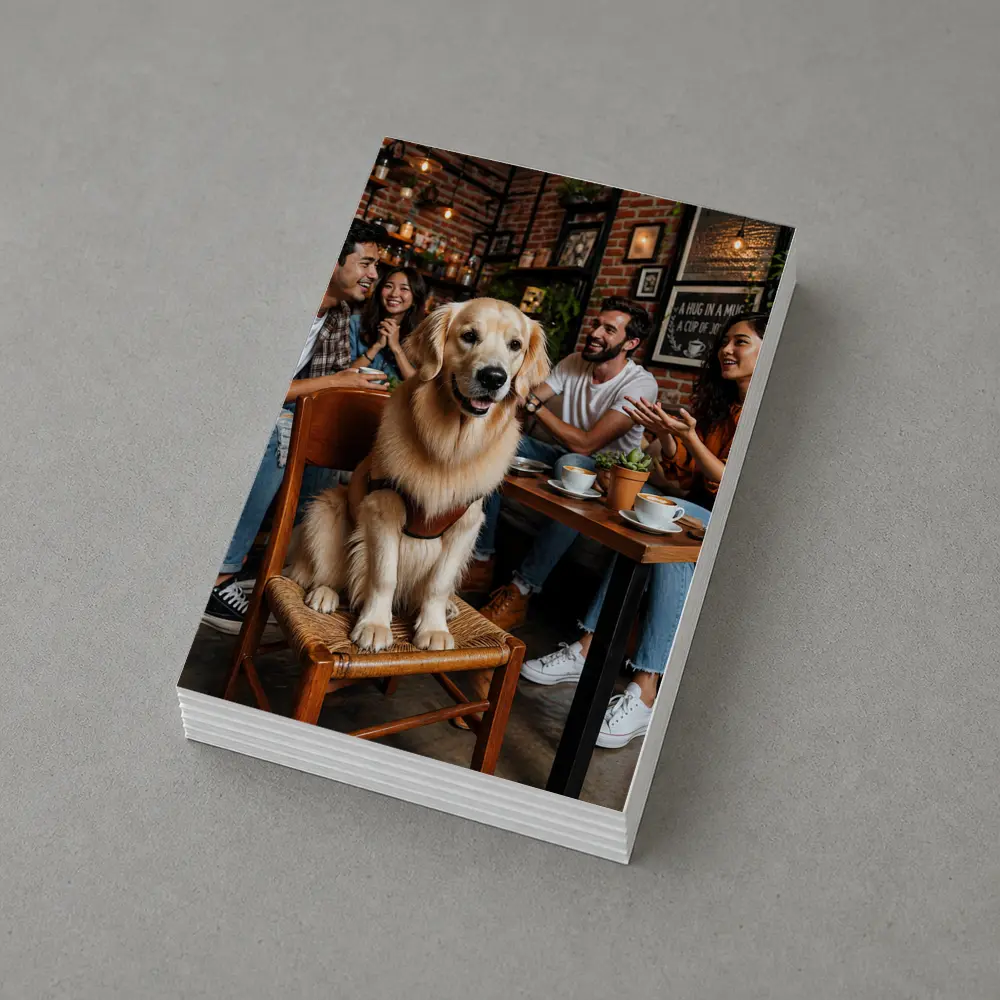 Golden Retriever Sitting in Cozy Coffee Shop – Postcards