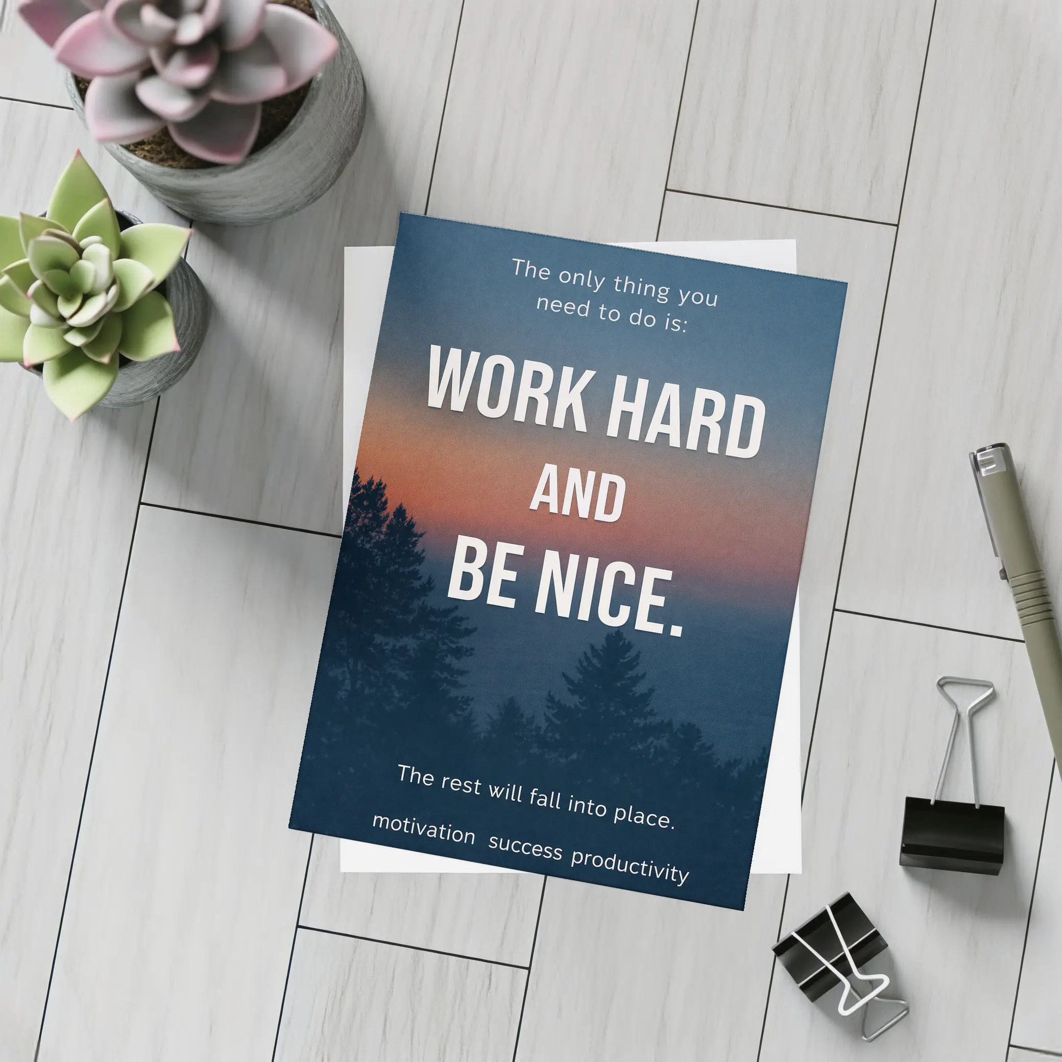Work Hard Be Nice Motivational Forest Quote – Postcards