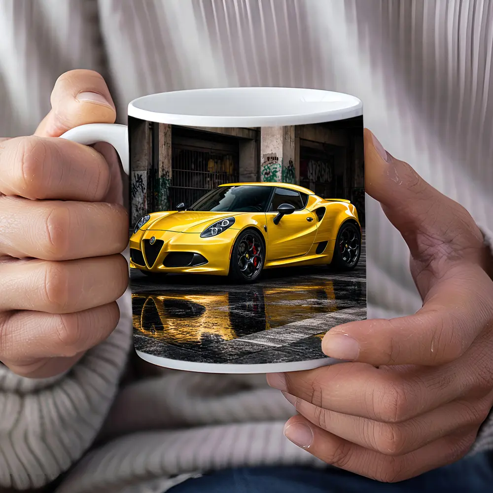 Yellow Alfa Romeo 4C Wet Urban Street – Mugs