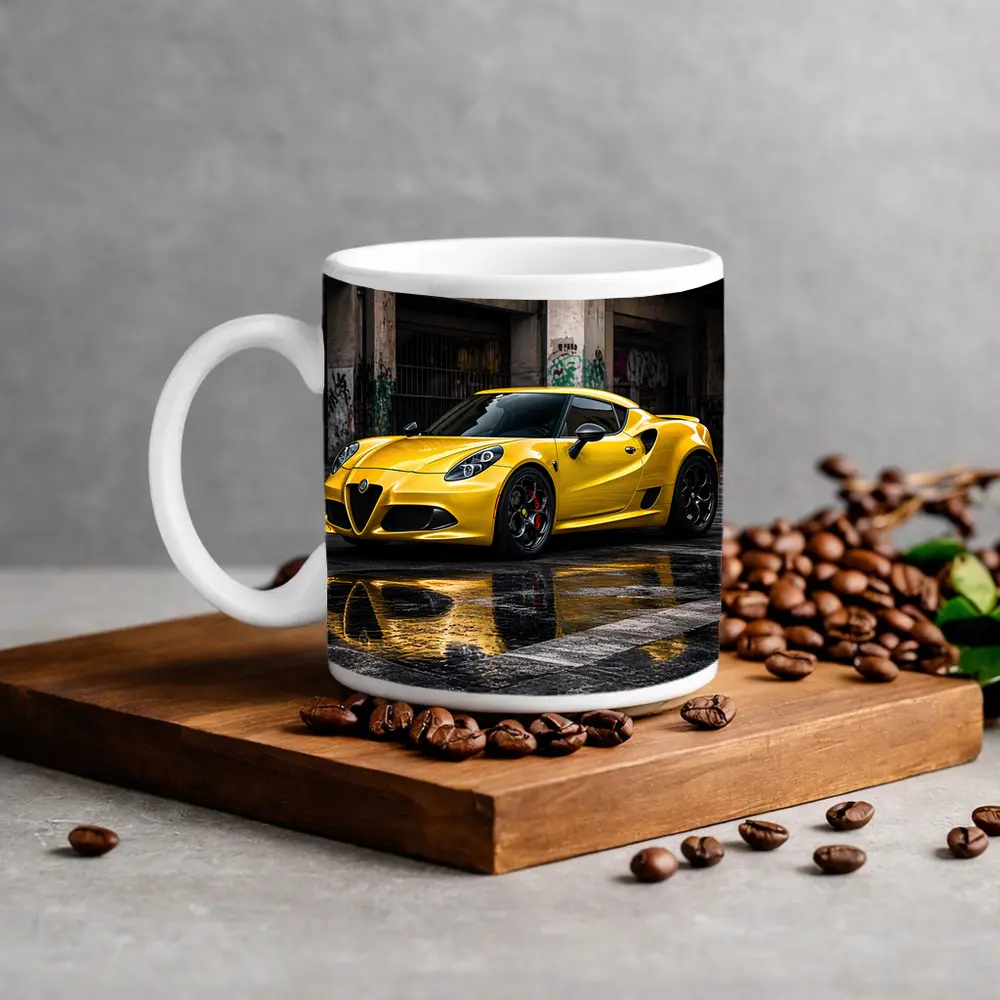 Yellow Alfa Romeo 4C Wet Urban Street – Mugs