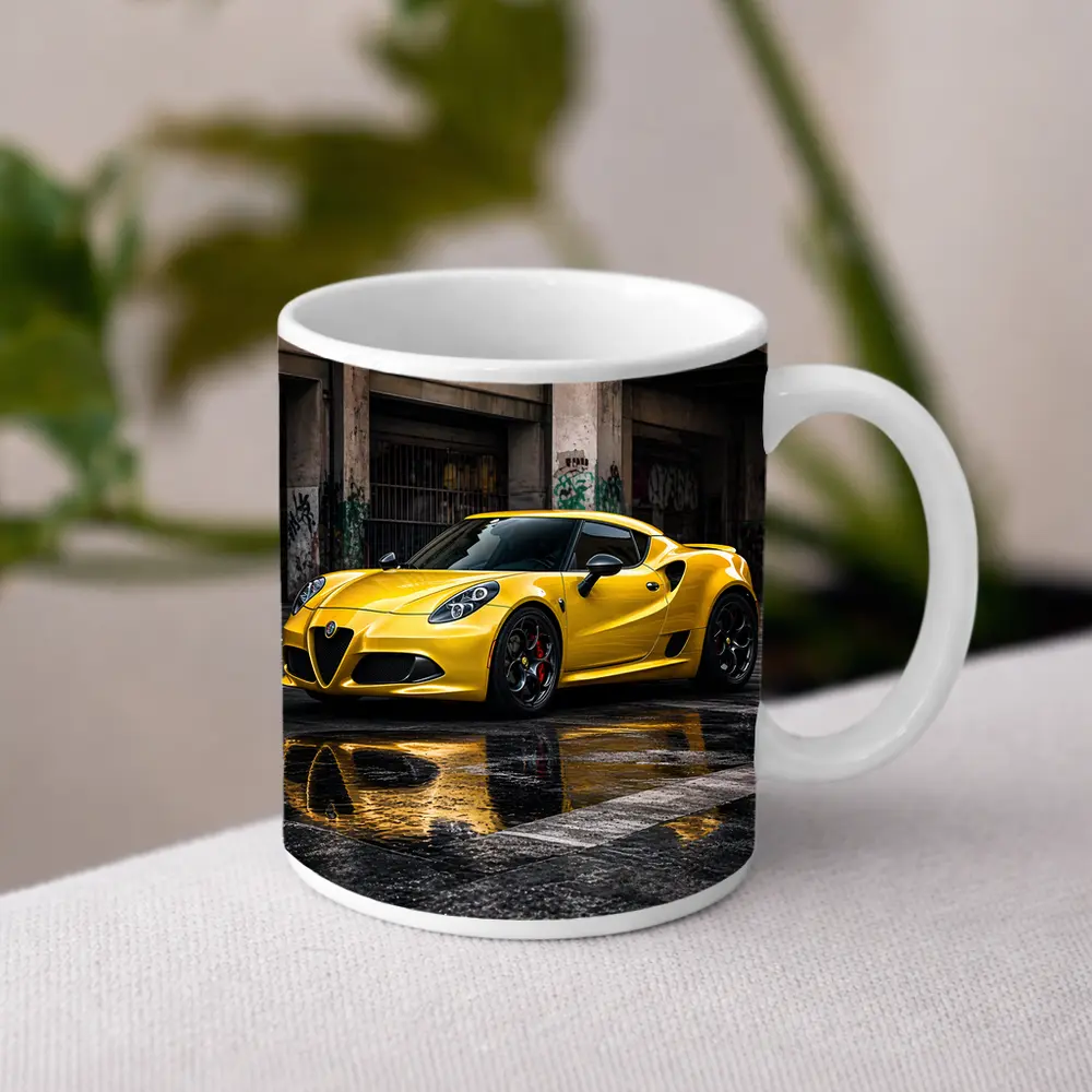 Yellow Alfa Romeo 4C Wet Urban Street – Mugs