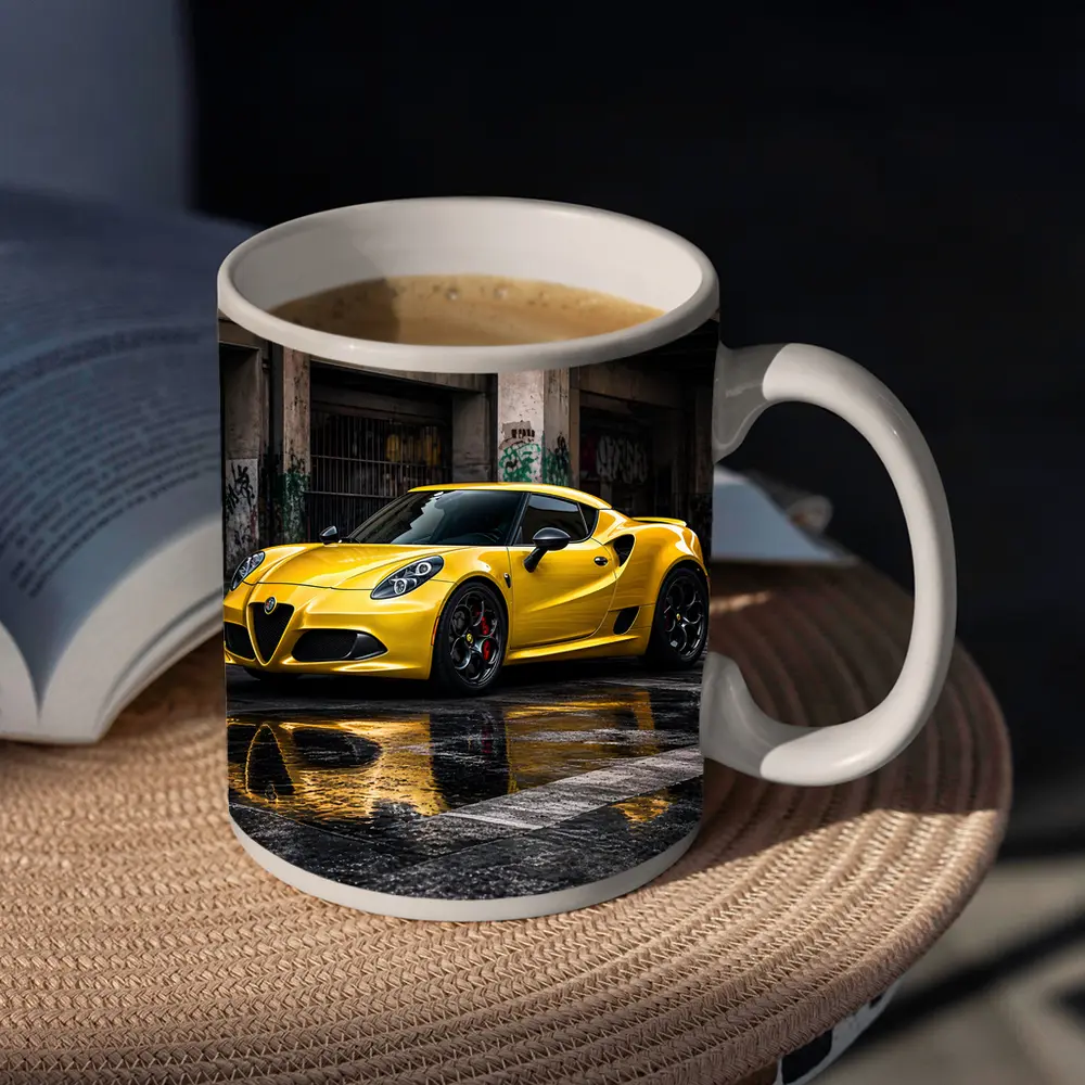 Yellow Alfa Romeo 4C Wet Urban Street – Mugs