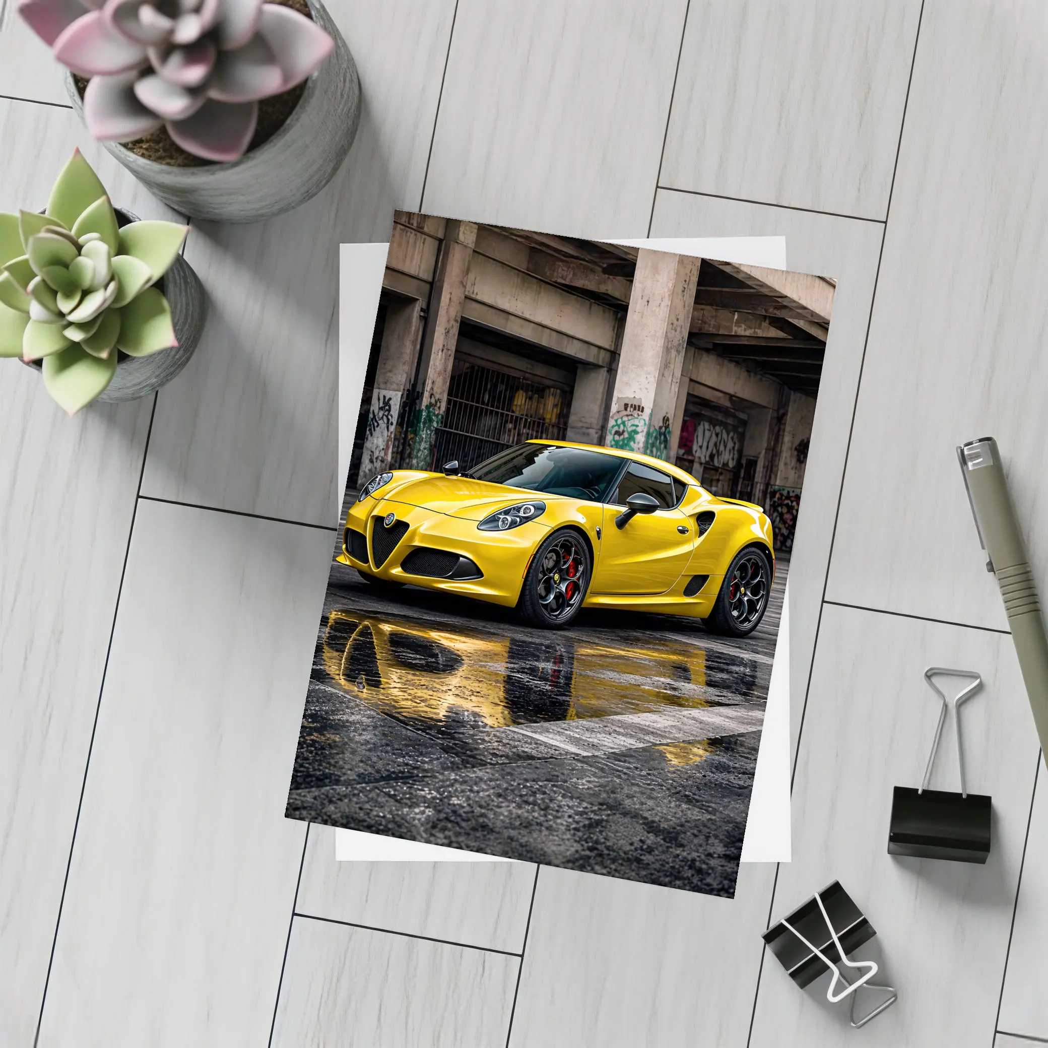 Yellow Alfa Romeo 4C Wet Urban Street – Postcards