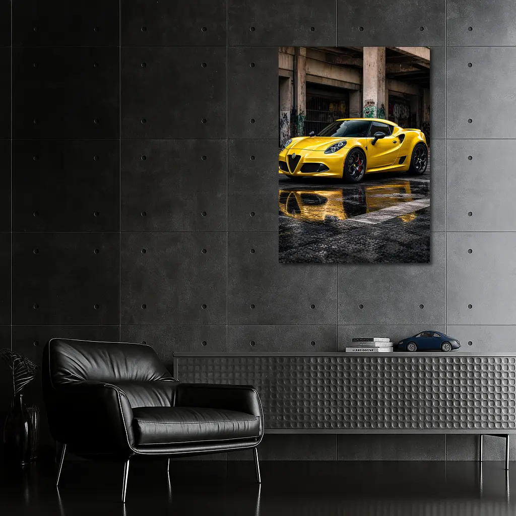 Yellow Alfa Romeo 4C Wet Urban Street – Wall Art