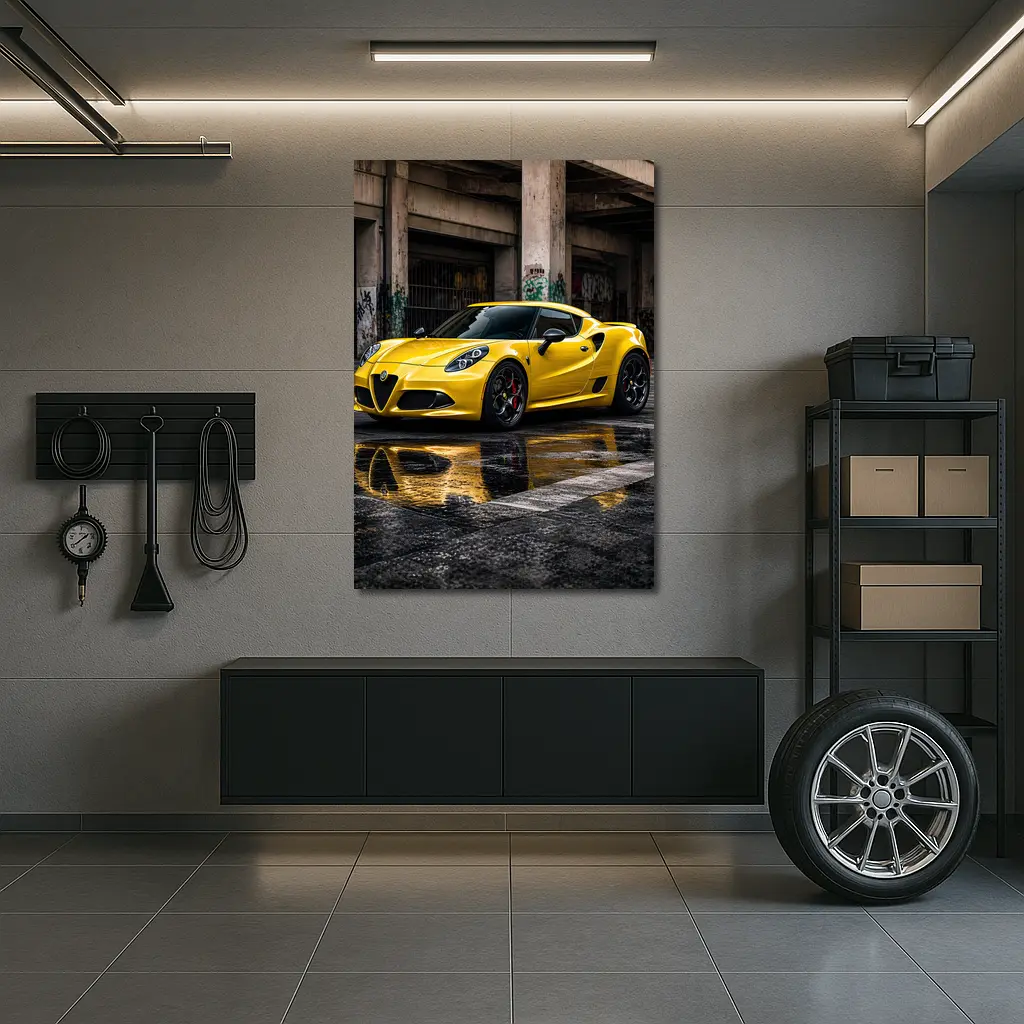 Yellow Alfa Romeo 4C Wet Urban Street – Wall Art