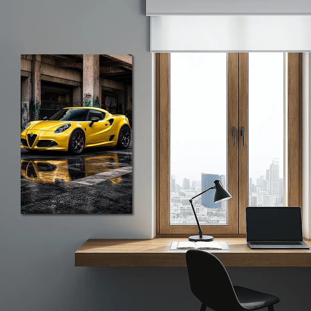 Yellow Alfa Romeo 4C Wet Urban Street – Wall Art