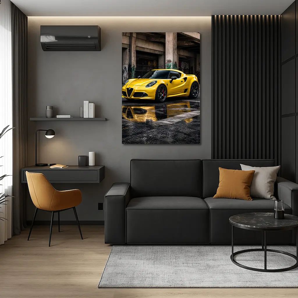 Yellow Alfa Romeo 4C Wet Urban Street – Wall Art