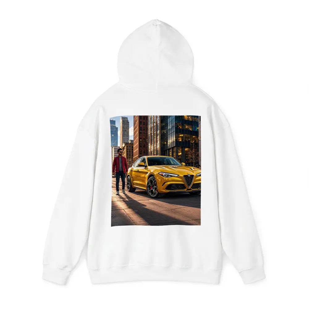 Alfa Romeo Stelvio Yellow Urban Street Scene – Hoodies