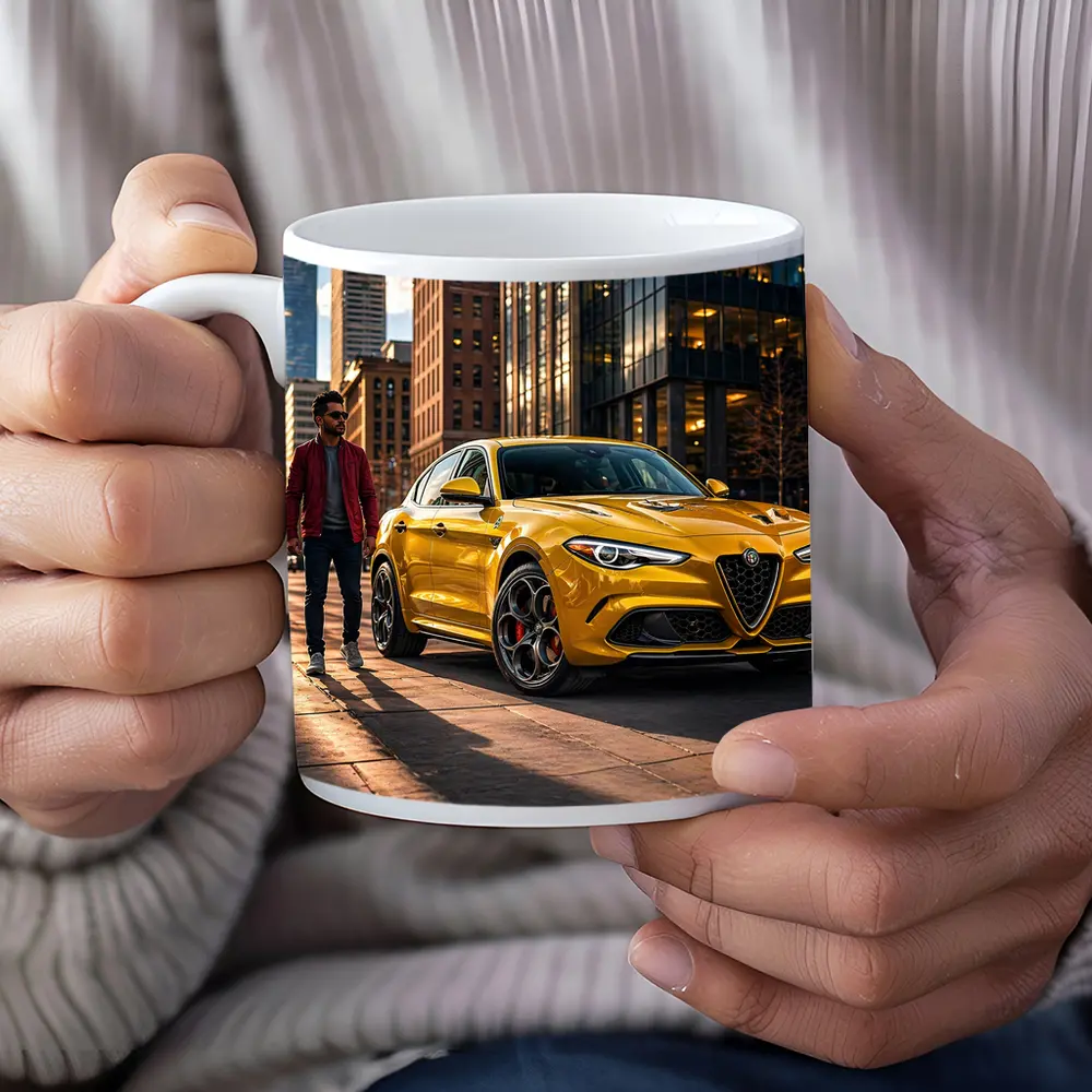 Alfa Romeo Stelvio Yellow Urban Street Scene – Mugs