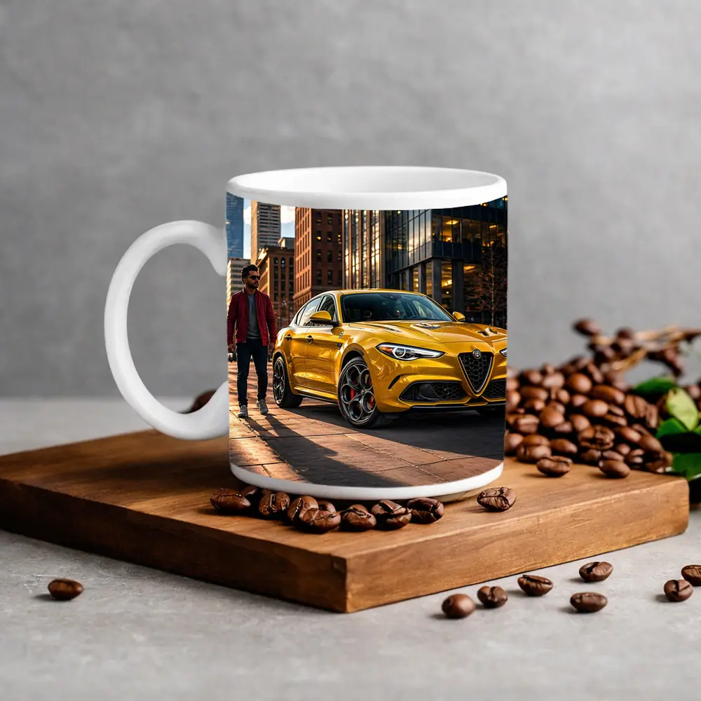 Alfa Romeo Stelvio Yellow Urban Street Scene – Mugs