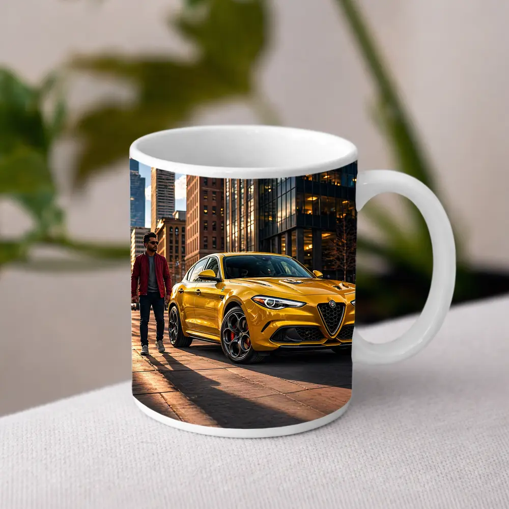 Alfa Romeo Stelvio Yellow Urban Street Scene – Mugs
