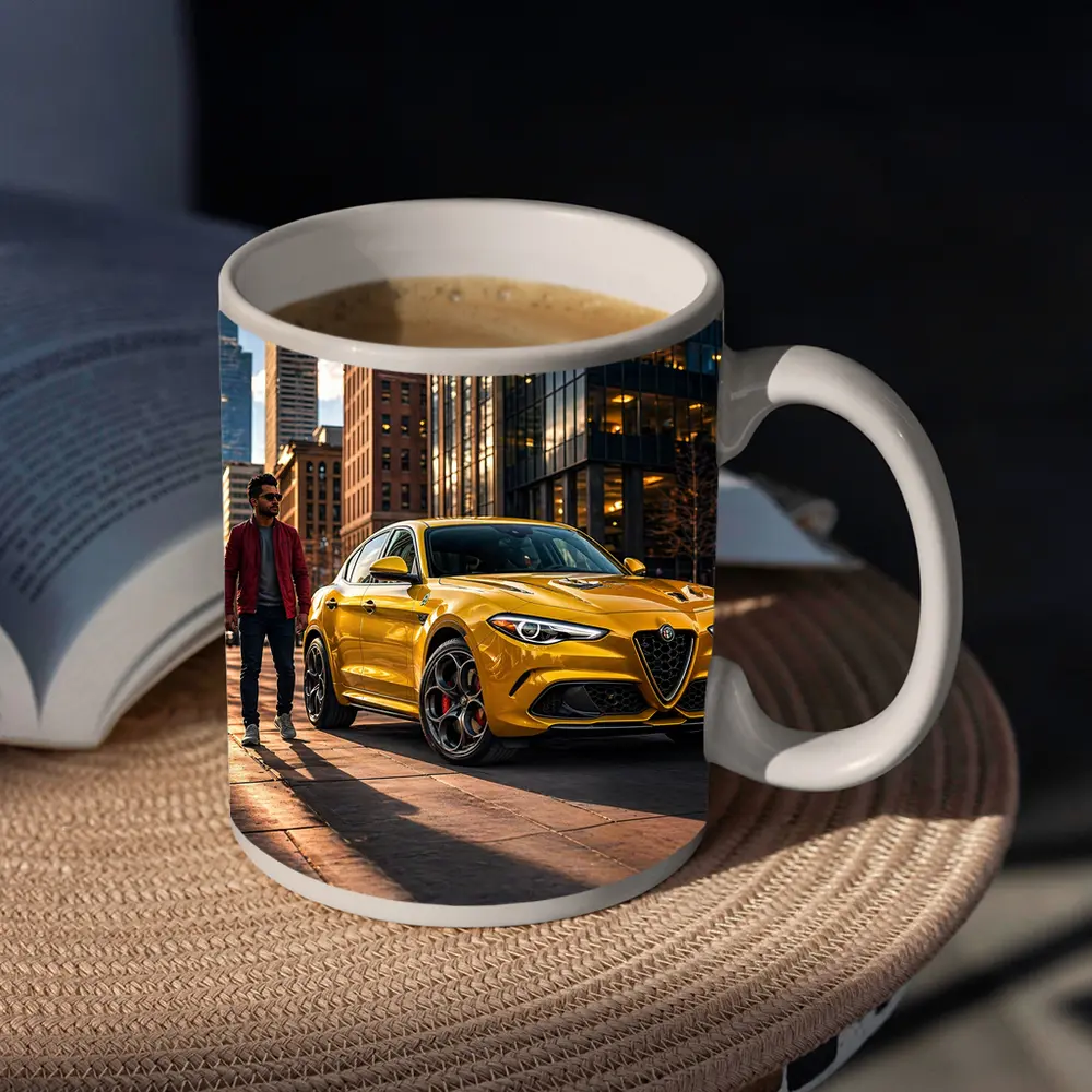 Alfa Romeo Stelvio Yellow Urban Street Scene – Mugs