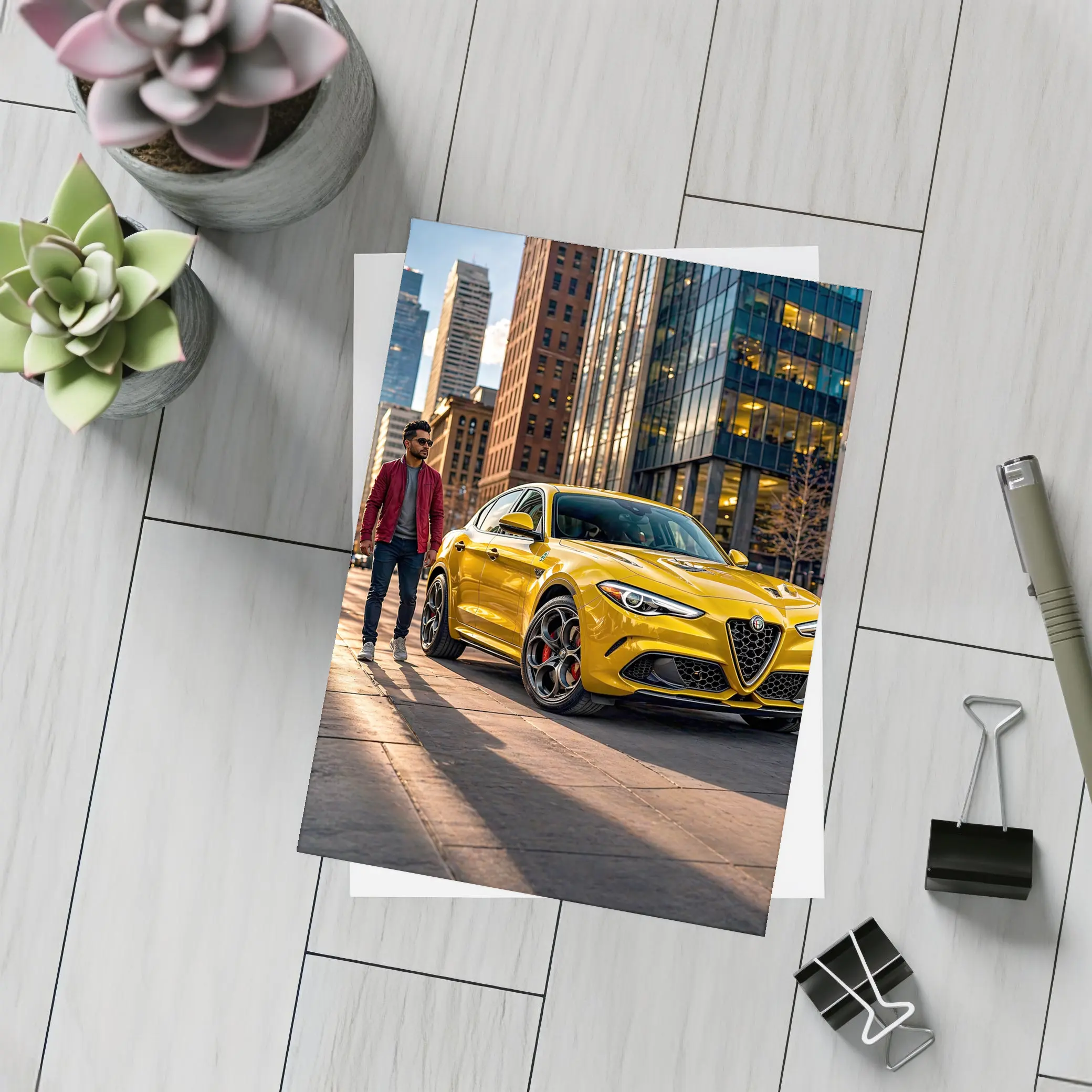 Alfa Romeo Stelvio Yellow Urban Street Scene – Postcards