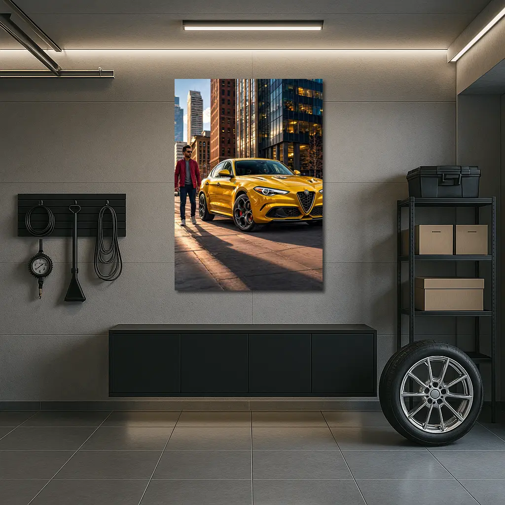 Alfa Romeo Stelvio Yellow Urban Street Scene – Wall Art