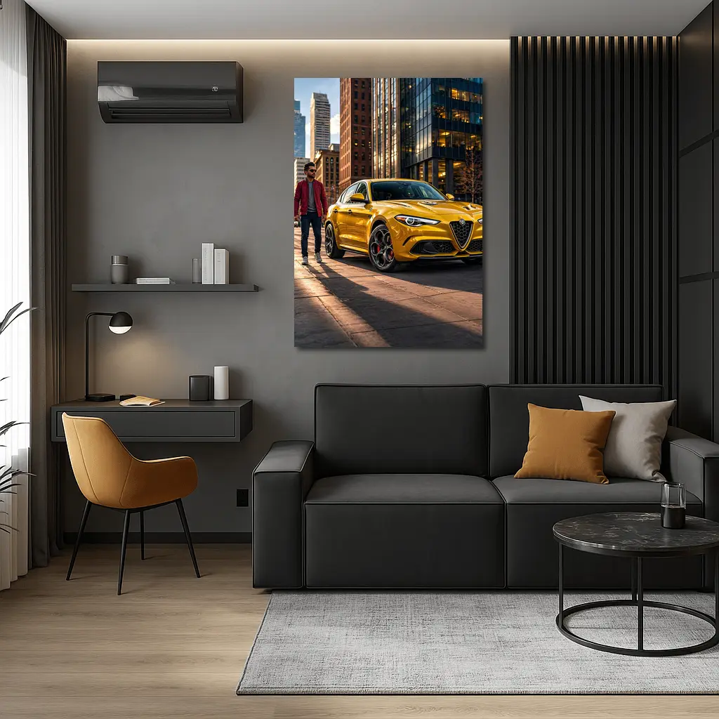 Alfa Romeo Stelvio Yellow Urban Street Scene – Wall Art