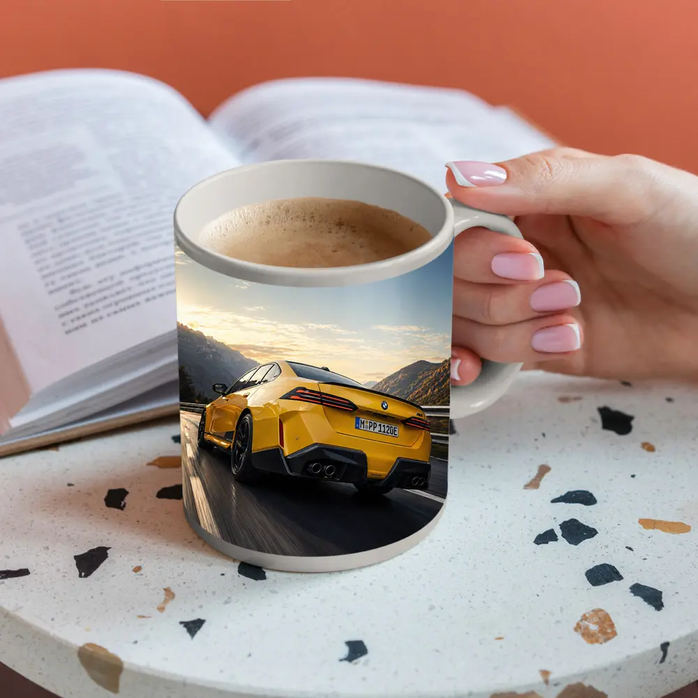 BMW M4 Yellow Coupe Mountain Road Speed – Mugs