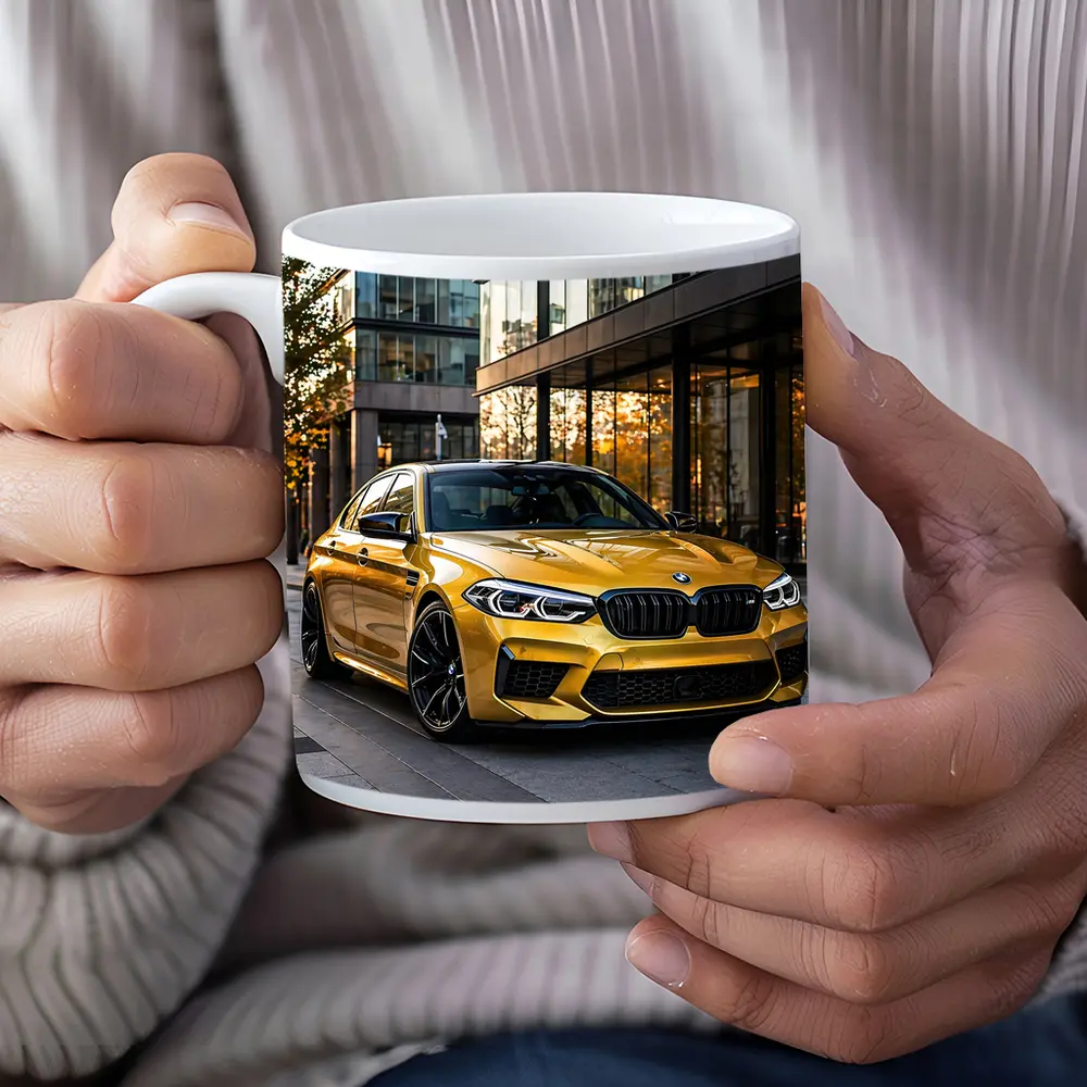 BMW M5 Gold Sedan Urban Glass Buildings – Mugs