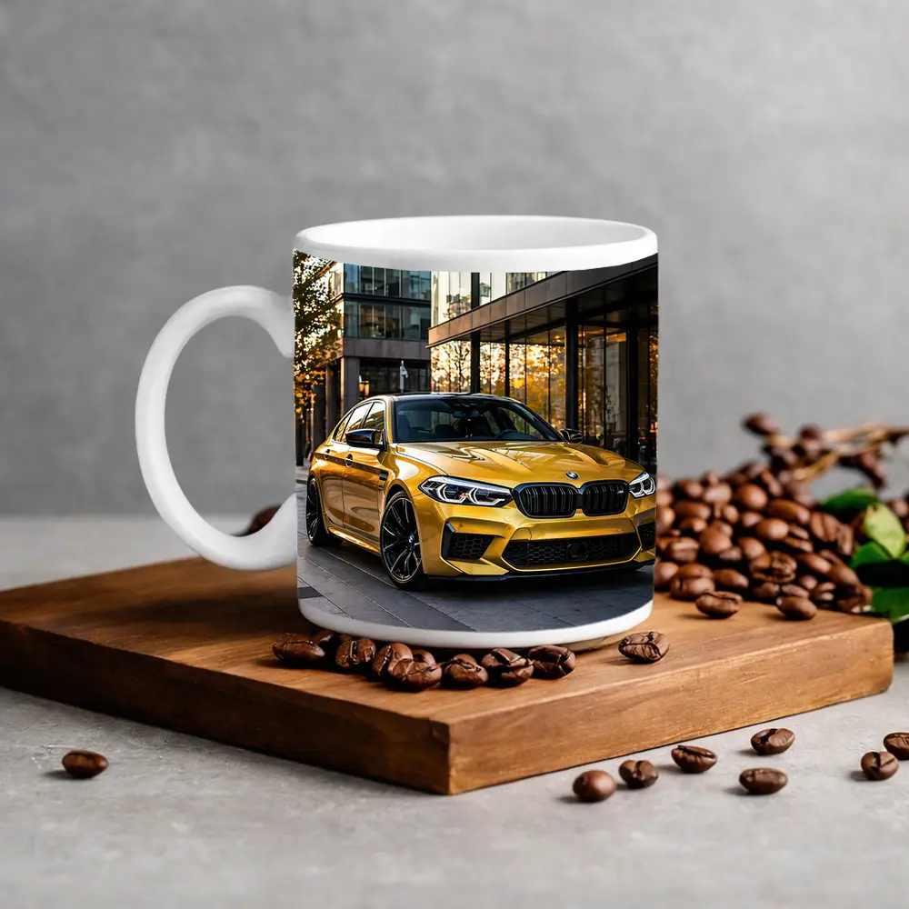 BMW M5 Gold Sedan Urban Glass Buildings – Mugs