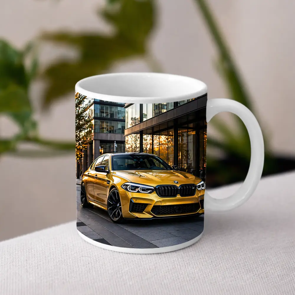 BMW M5 Gold Sedan Urban Glass Buildings – Mugs