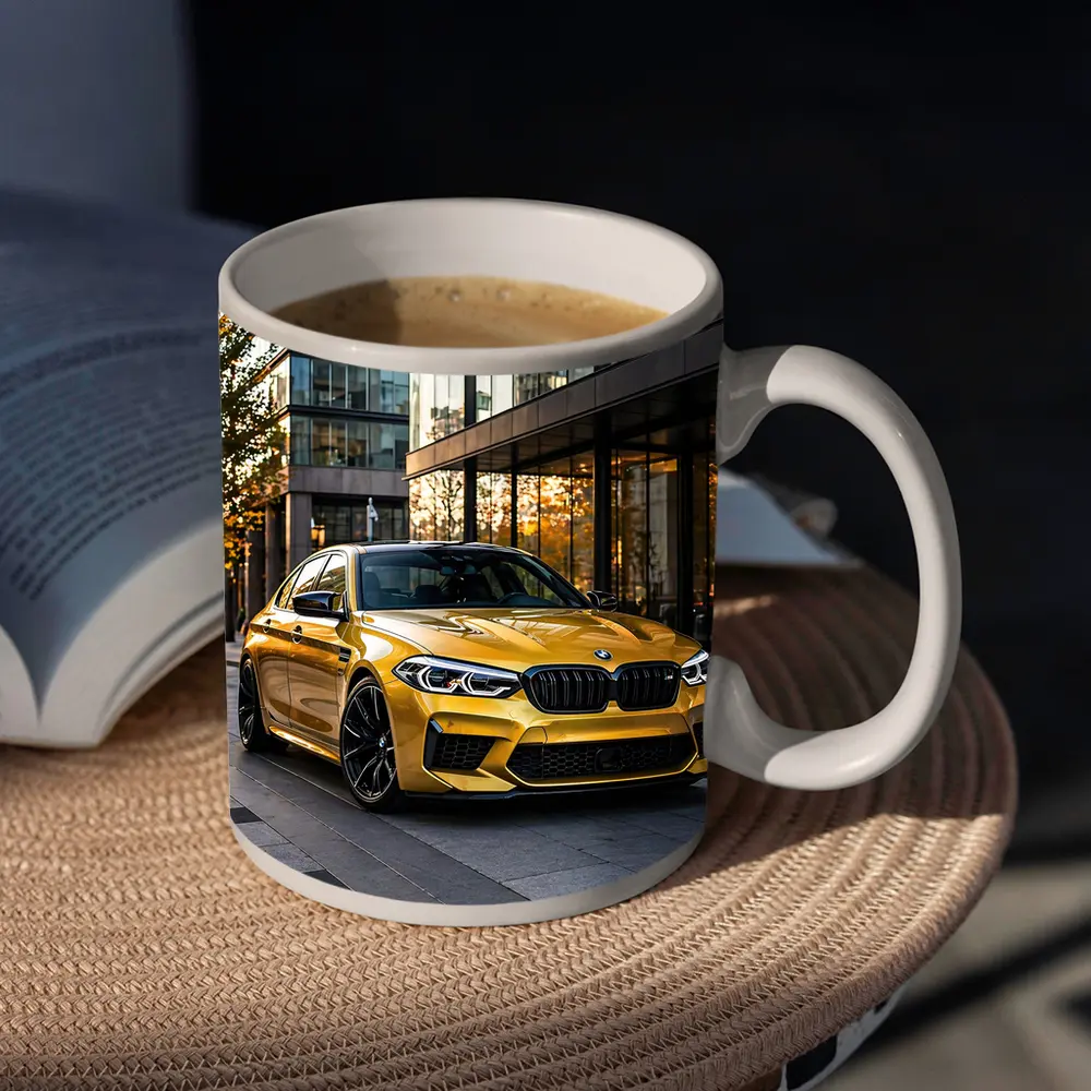 BMW M5 Gold Sedan Urban Glass Buildings – Mugs