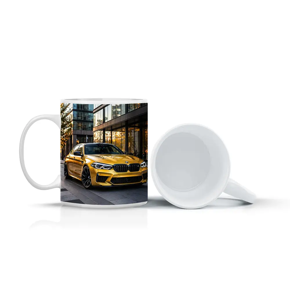 BMW M5 Gold Sedan Urban Glass Buildings – Mugs