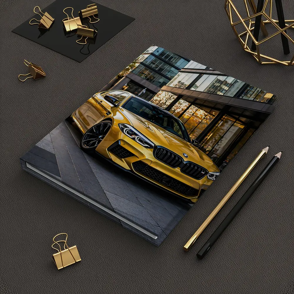 BMW M5 Gold Sedan Urban Glass Buildings – Notebooks