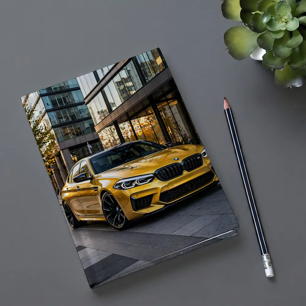 BMW M5 Gold Sedan Urban Glass Buildings – Notebooks