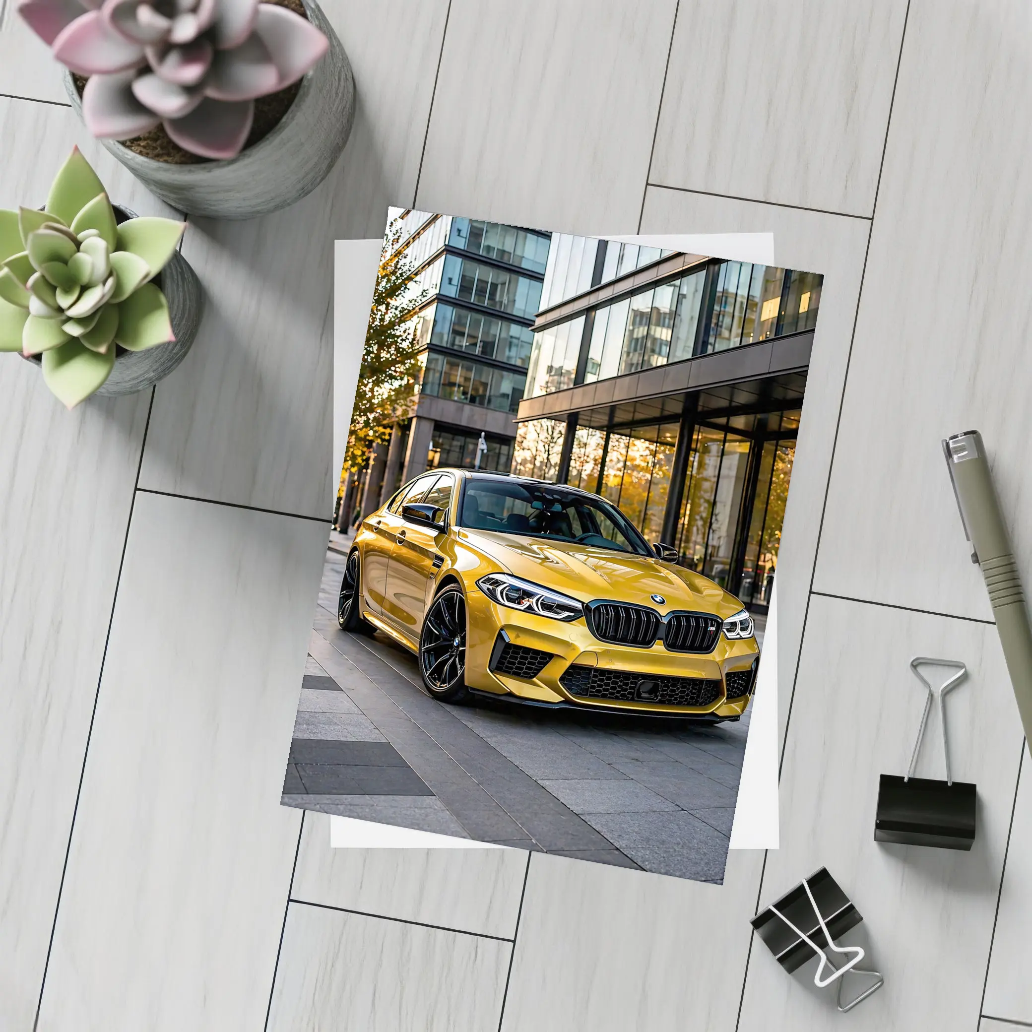BMW M5 Gold Sedan Urban Glass Buildings – Postcards