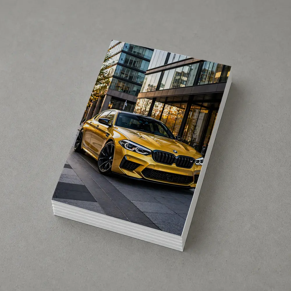 BMW M5 Gold Sedan Urban Glass Buildings – Postcards