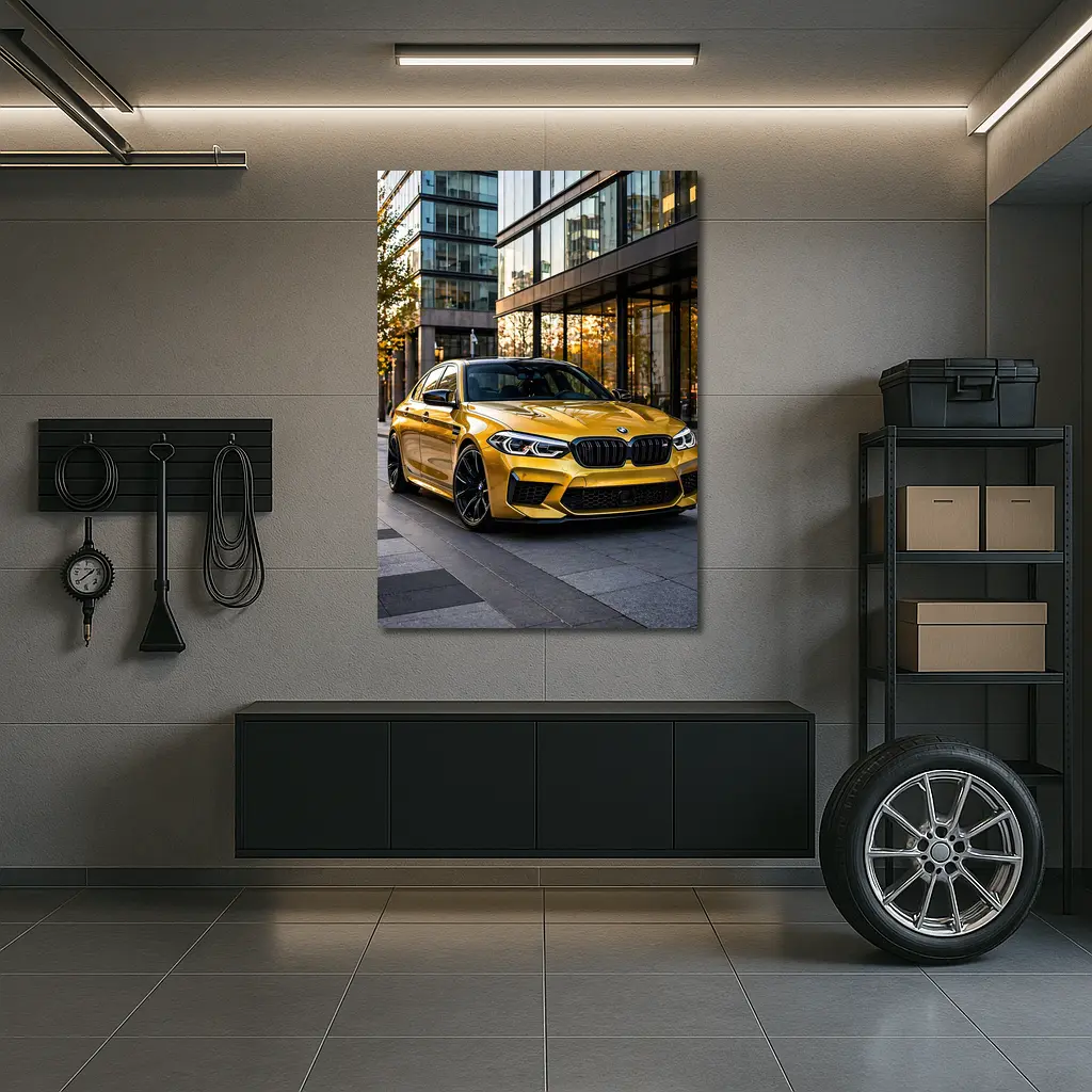 BMW M5 Gold Sedan Urban Glass Buildings – Wall Art