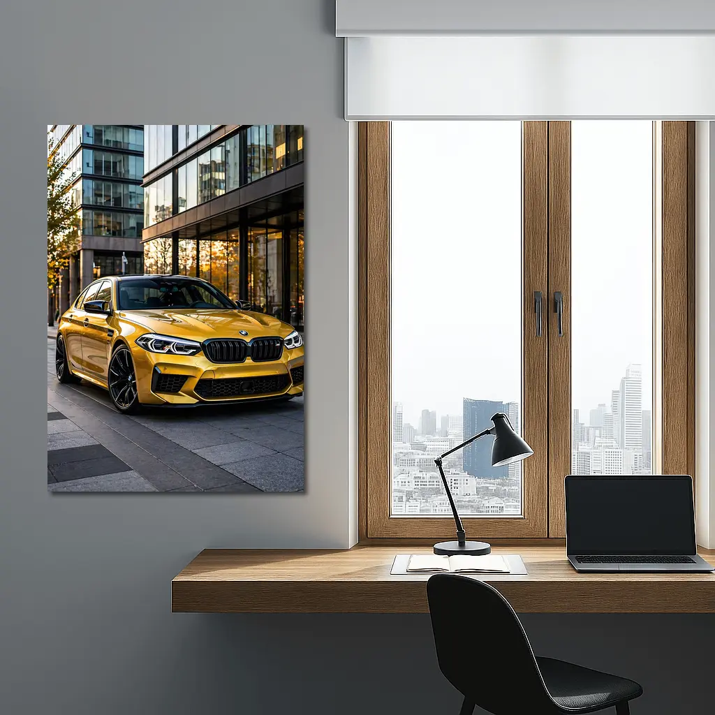 BMW M5 Gold Sedan Urban Glass Buildings – Wall Art