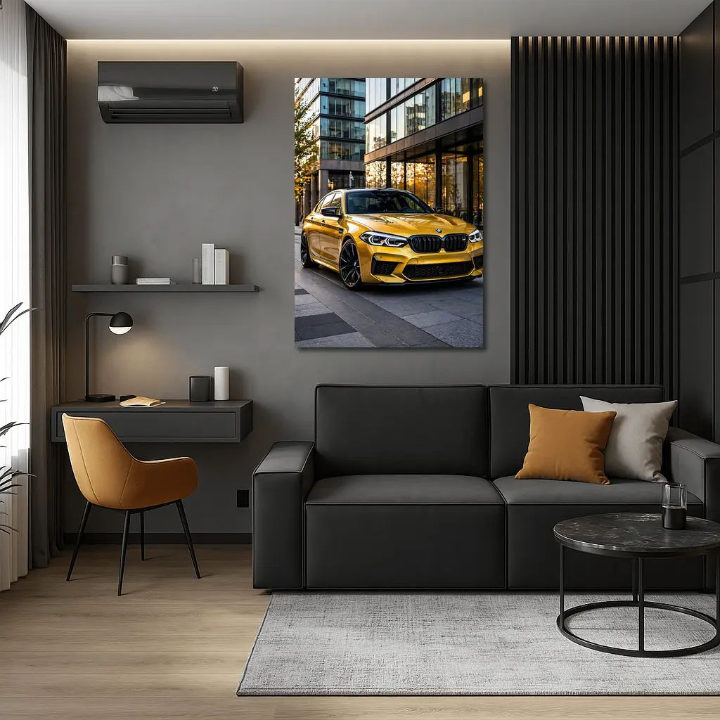 BMW M5 Gold Sedan Urban Glass Buildings – Wall Art