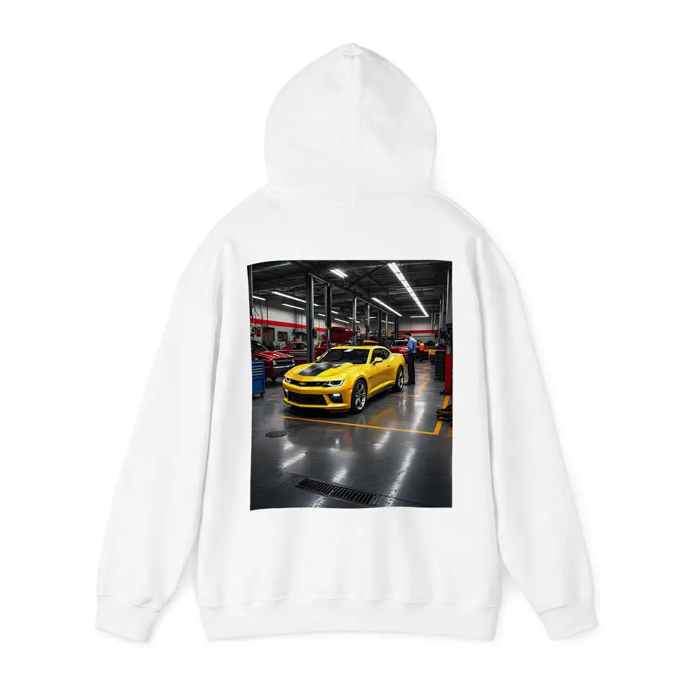 Yellow Chevrolet Camaro Inside Auto Service Shop – Hoodies