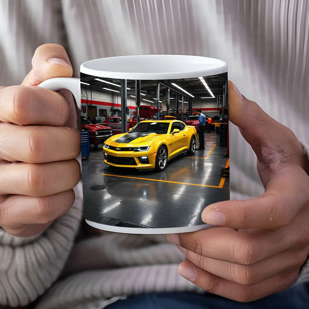 Yellow Chevrolet Camaro Inside Auto Service Shop – Mugs