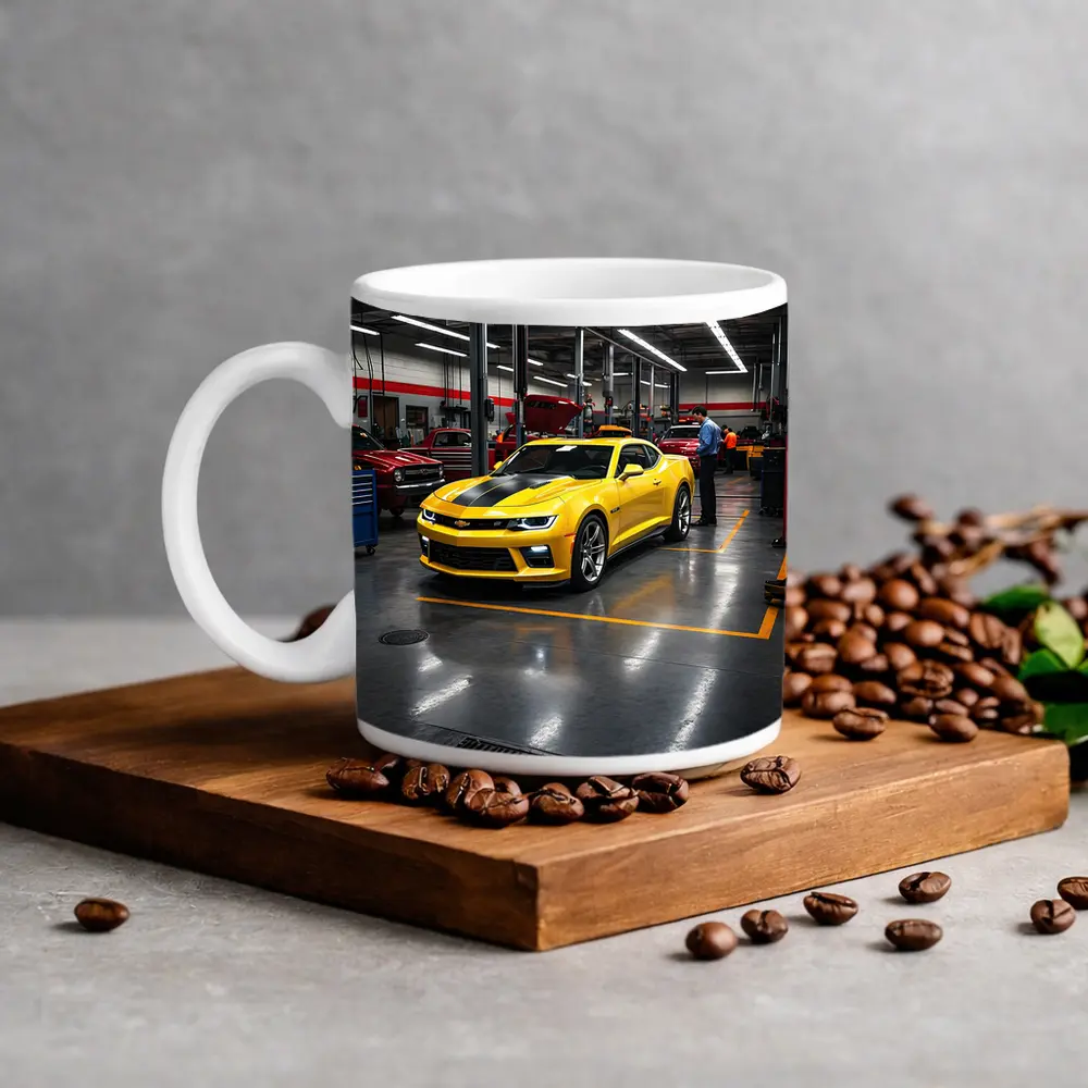 Yellow Chevrolet Camaro Inside Auto Service Shop – Mugs