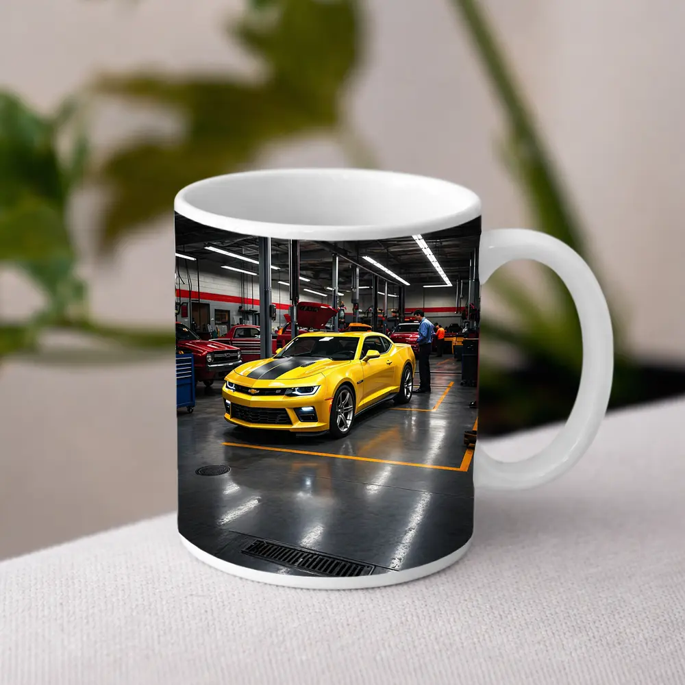 Yellow Chevrolet Camaro Inside Auto Service Shop – Mugs