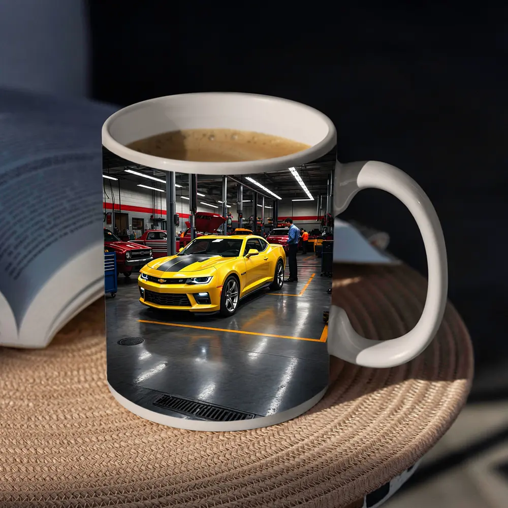 Yellow Chevrolet Camaro Inside Auto Service Shop – Mugs