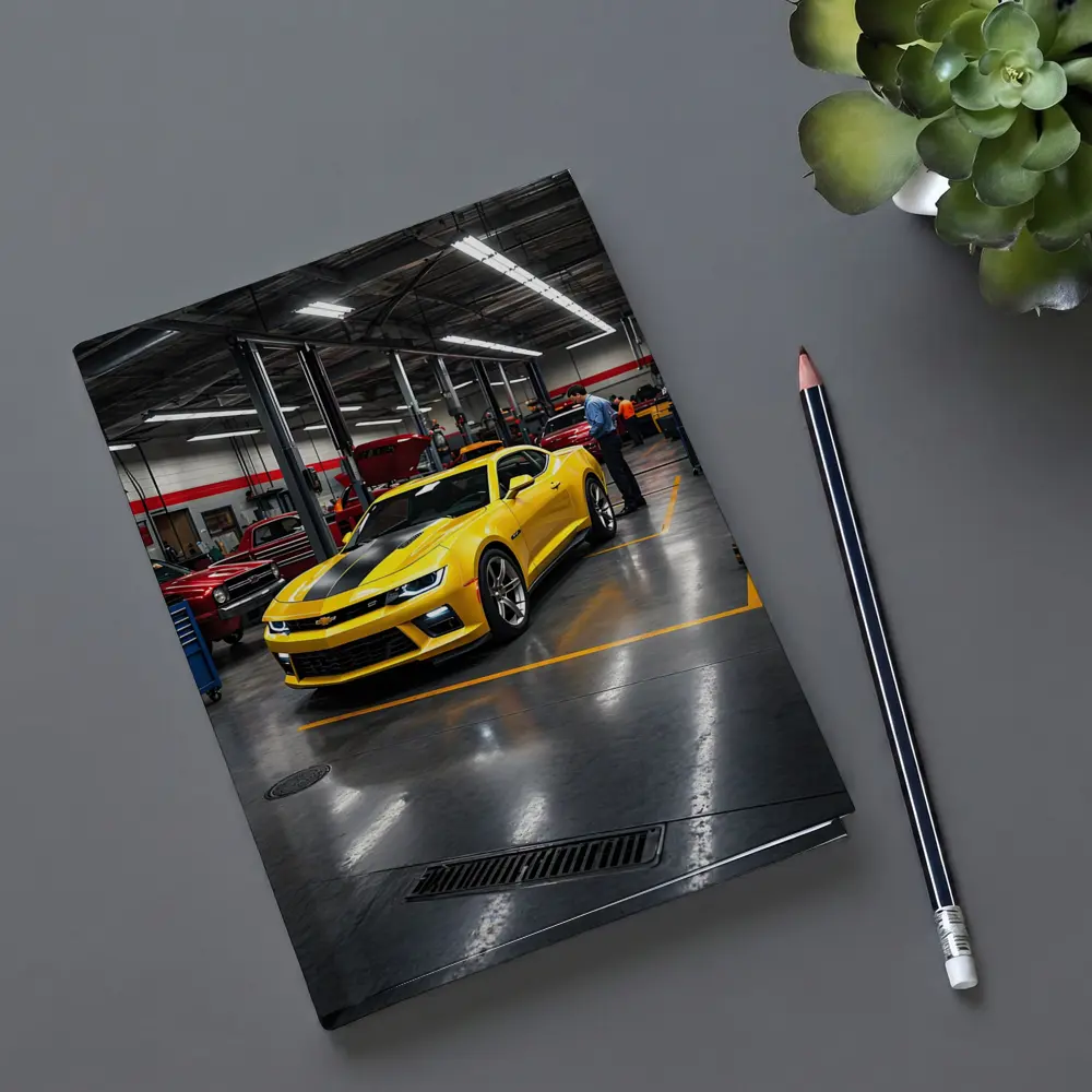 Yellow Chevrolet Camaro Inside Auto Service Shop – Notebooks