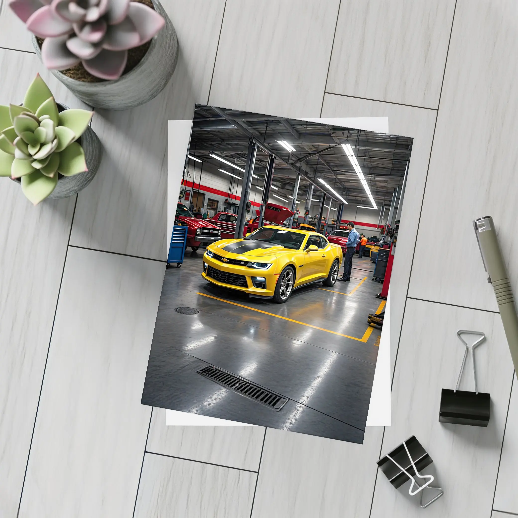 Yellow Chevrolet Camaro Inside Auto Service Shop – Postcards