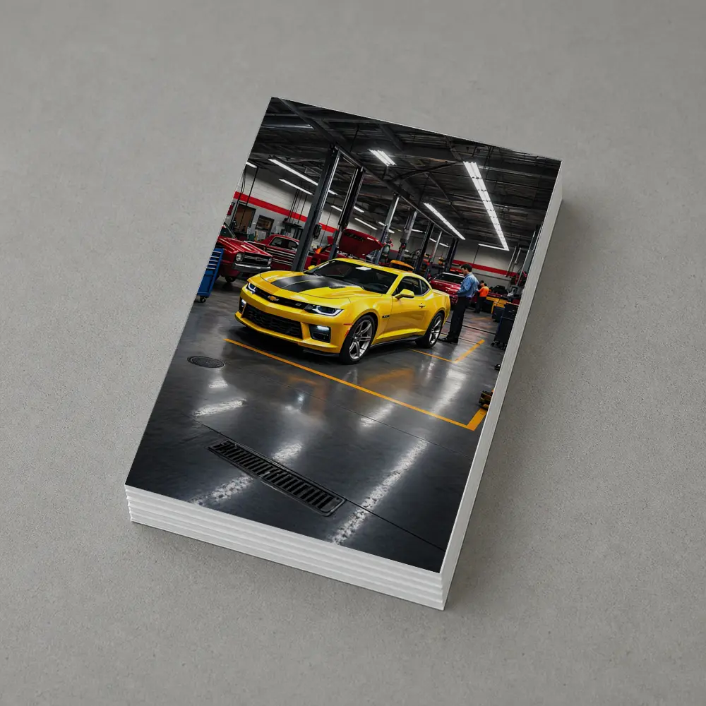 Yellow Chevrolet Camaro Inside Auto Service Shop – Postcards