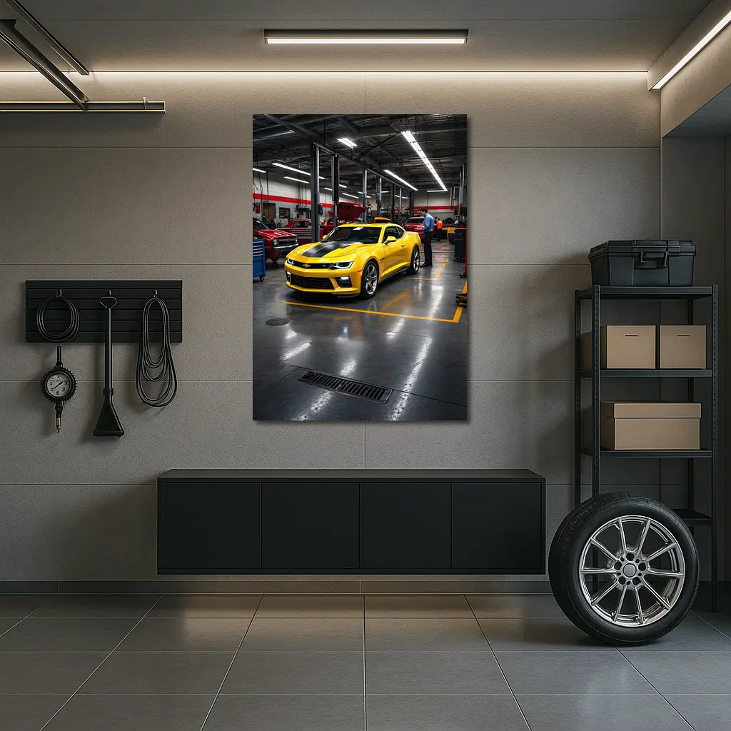Yellow Chevrolet Camaro Inside Auto Service Shop – Wall Art